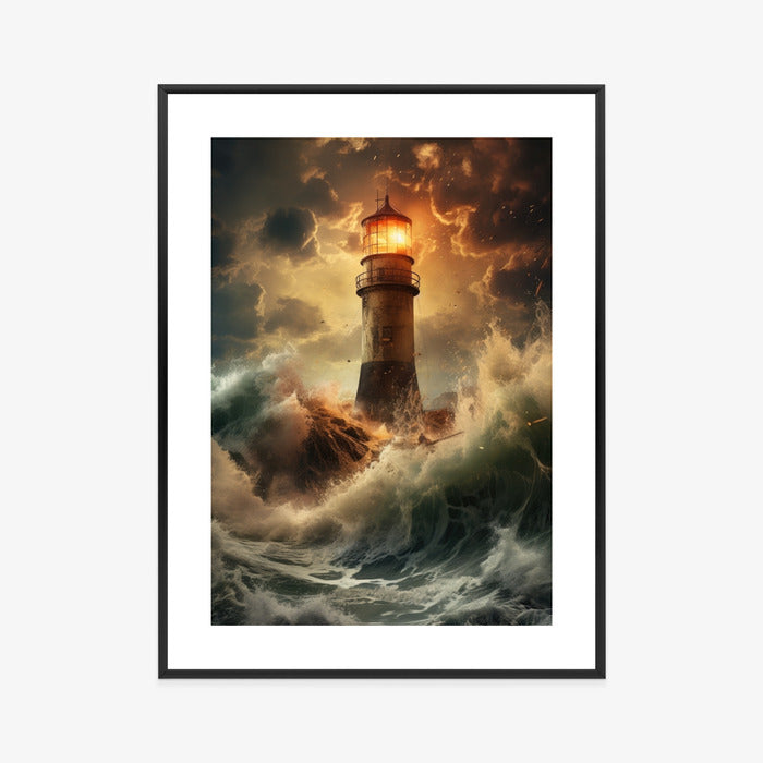 Poster Ein Leuchtturm Während Eines Sturms Rahmen Holz Mit Passepartout Farbe Natürlich