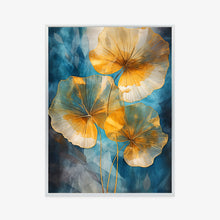 Lade das Bild in den Galerie-Viewer, Poster Abstrakte Goldene Blätter Auf Blauem Hintergrund Rahmen Aluminium Farbe Schwarz
