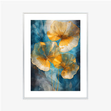Lade das Bild in den Galerie-Viewer, Poster Abstrakte Goldene Blätter Auf Blauem Hintergrund Rahmen Aluminium Farbe Schwarz