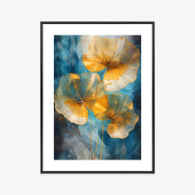 Lade das Bild in den Galerie-Viewer, Poster Abstrakte Goldene Blätter Auf Blauem Hintergrund Rahmen Aluminium Farbe Schwarz