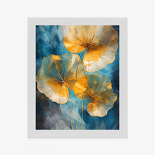 Lade das Bild in den Galerie-Viewer, Poster Abstrakte Goldene Blätter Auf Blauem Hintergrund Rahmen Aluminium Farbe Schwarz