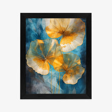 Lade das Bild in den Galerie-Viewer, Poster Abstrakte Goldene Blätter Auf Blauem Hintergrund Rahmen Aluminium Farbe Schwarz