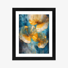 Lade das Bild in den Galerie-Viewer, Poster Abstrakte Goldene Blätter Auf Blauem Hintergrund Rahmen Aluminium Farbe Schwarz