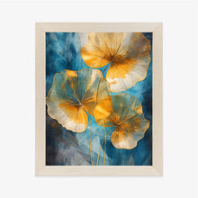 Lade das Bild in den Galerie-Viewer, Poster Abstrakte Goldene Blätter Auf Blauem Hintergrund Rahmen Aluminium Farbe Schwarz