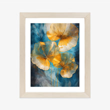 Lade das Bild in den Galerie-Viewer, Poster Abstrakte Goldene Blätter Auf Blauem Hintergrund Rahmen Aluminium Farbe Schwarz