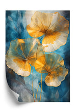 Lade das Bild in den Galerie-Viewer, Poster Abstrakte Goldene Blätter Auf Blauem Hintergrund Rahmen Aluminium Farbe Schwarz