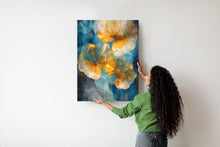 Lade das Bild in den Galerie-Viewer, Poster Abstrakte Goldene Blätter Auf Blauem Hintergrund Rahmen Aluminium Farbe Schwarz