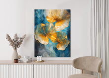 Lade das Bild in den Galerie-Viewer, Poster Abstrakte Goldene Blätter Auf Blauem Hintergrund Rahmen Aluminium Farbe Schwarz