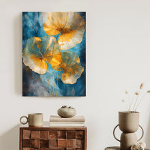Lade das Bild in den Galerie-Viewer, Poster Abstrakte Goldene Blätter Auf Blauem Hintergrund Rahmen Aluminium Farbe Schwarz