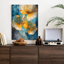 Lade das Bild in den Galerie-Viewer, Poster Abstrakte Goldene Blätter Auf Blauem Hintergrund Rahmen Aluminium Farbe Schwarz