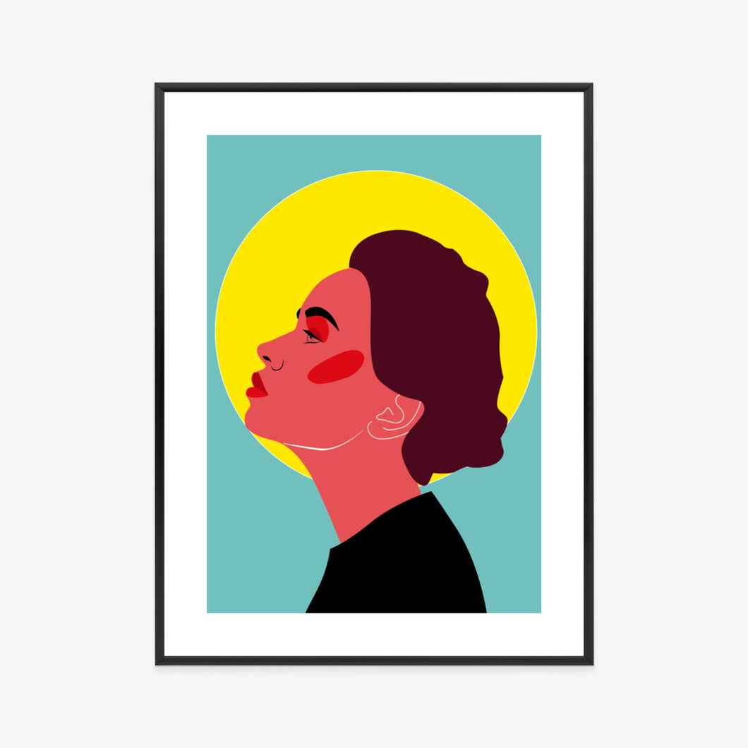Poster Nachdenkliche Frau - Pop-Art-Retro-Stil Rahmen Holz Mit Passepartout Farbe Natürlich