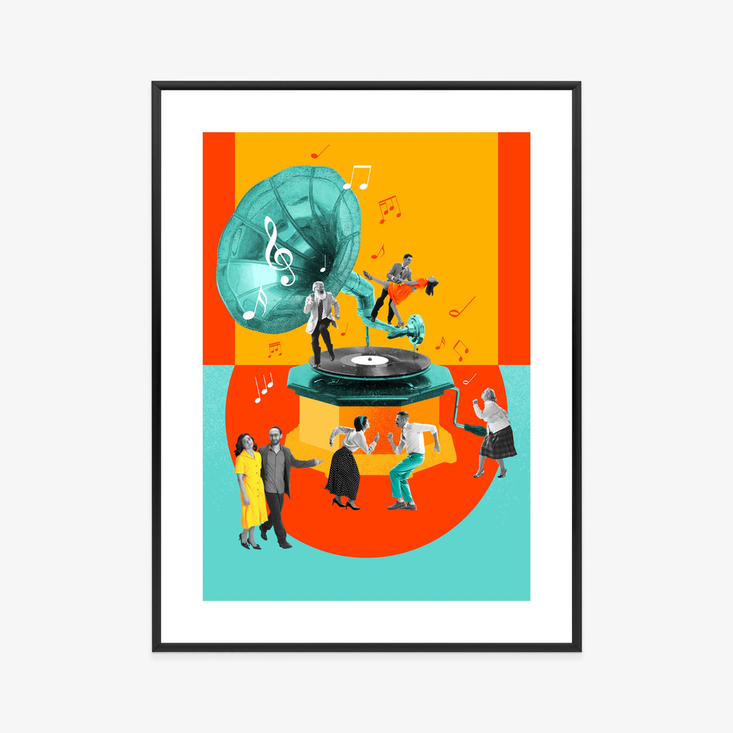 Poster Party Im Retro-Stil - Mehrfarbige Pop-Art-Collage Rahmen Holz Mit Passepartout Farbe Natürlich