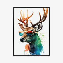 Lade das Bild in den Galerie-Viewer, Poster Waldlichtungsstil – Hirsch Mit Sonnenbrille Rahmen Holz Mit Passepartout Farbe Natürlich
