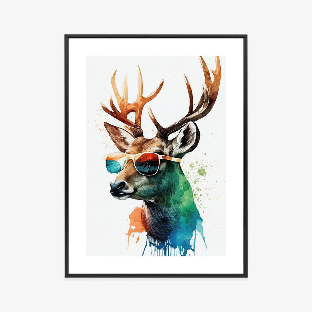 Poster Waldlichtungsstil – Hirsch Mit Sonnenbrille Rahmen Holz Mit Passepartout Farbe Natürlich