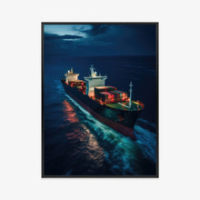 Lade das Bild in den Galerie-Viewer, Poster Frachtschiff Im Meerwasser In Der Nacht Rahmen Holz Mit Passepartout Farbe Natürlich
