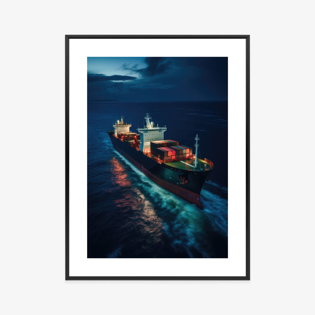 Poster Frachtschiff Im Meerwasser In Der Nacht Rahmen Holz Mit Passepartout Farbe Natürlich