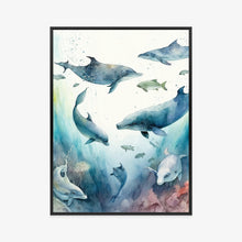 Lade das Bild in den Galerie-Viewer, Poster Delfine Im Meerestiefen-Aquarell Rahmen Holz Mit Passepartout Farbe Natürlich
