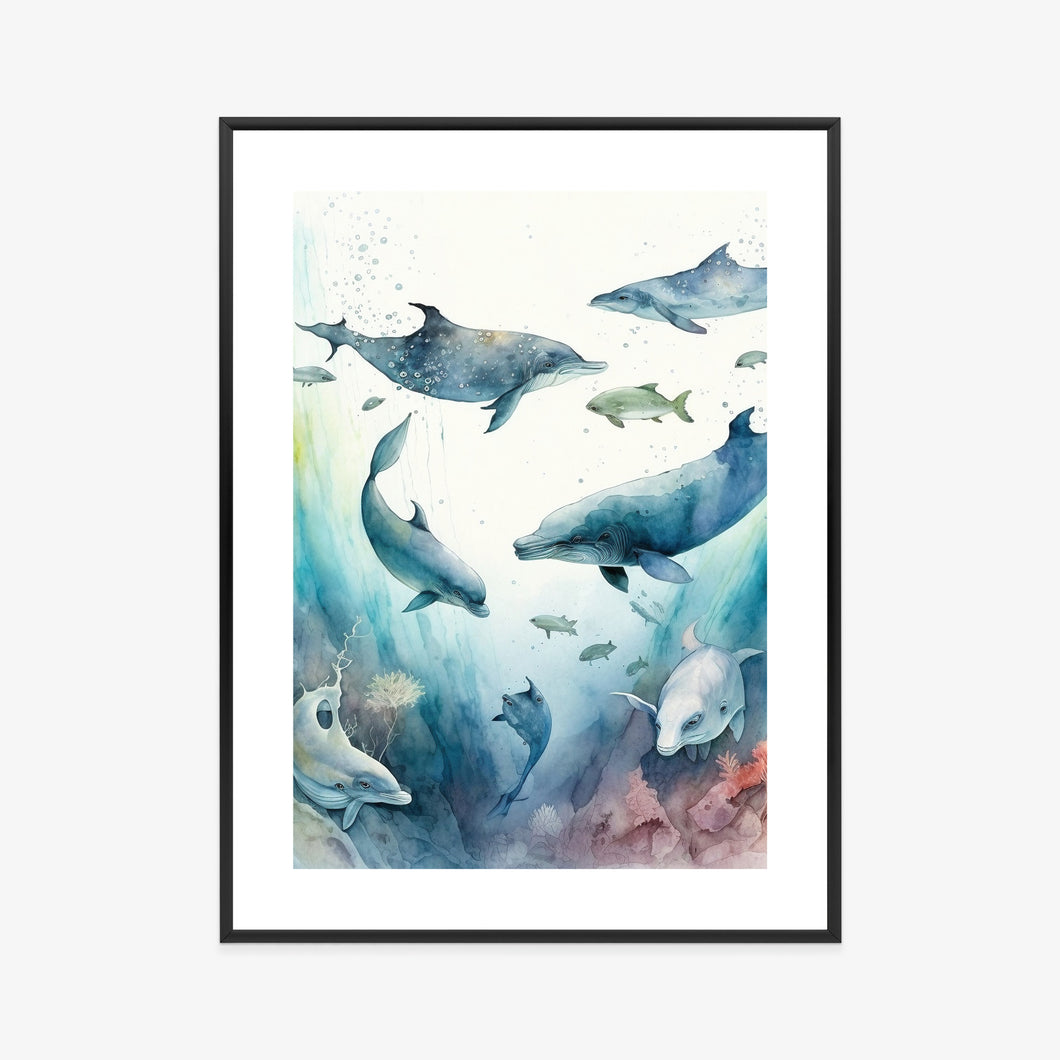 Poster Delfine Im Meerestiefen-Aquarell Rahmen Holz Mit Passepartout Farbe Natürlich