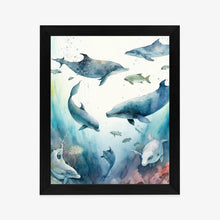 Lade das Bild in den Galerie-Viewer, Poster Delfine Im Meerestiefen-Aquarell Rahmen Holz Mit Passepartout Farbe Natürlich
