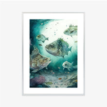 Lade das Bild in den Galerie-Viewer, Poster Fischschwarm Im Meerestiefen-Aquarell Rahmen Hölzern Farbe Weiß
