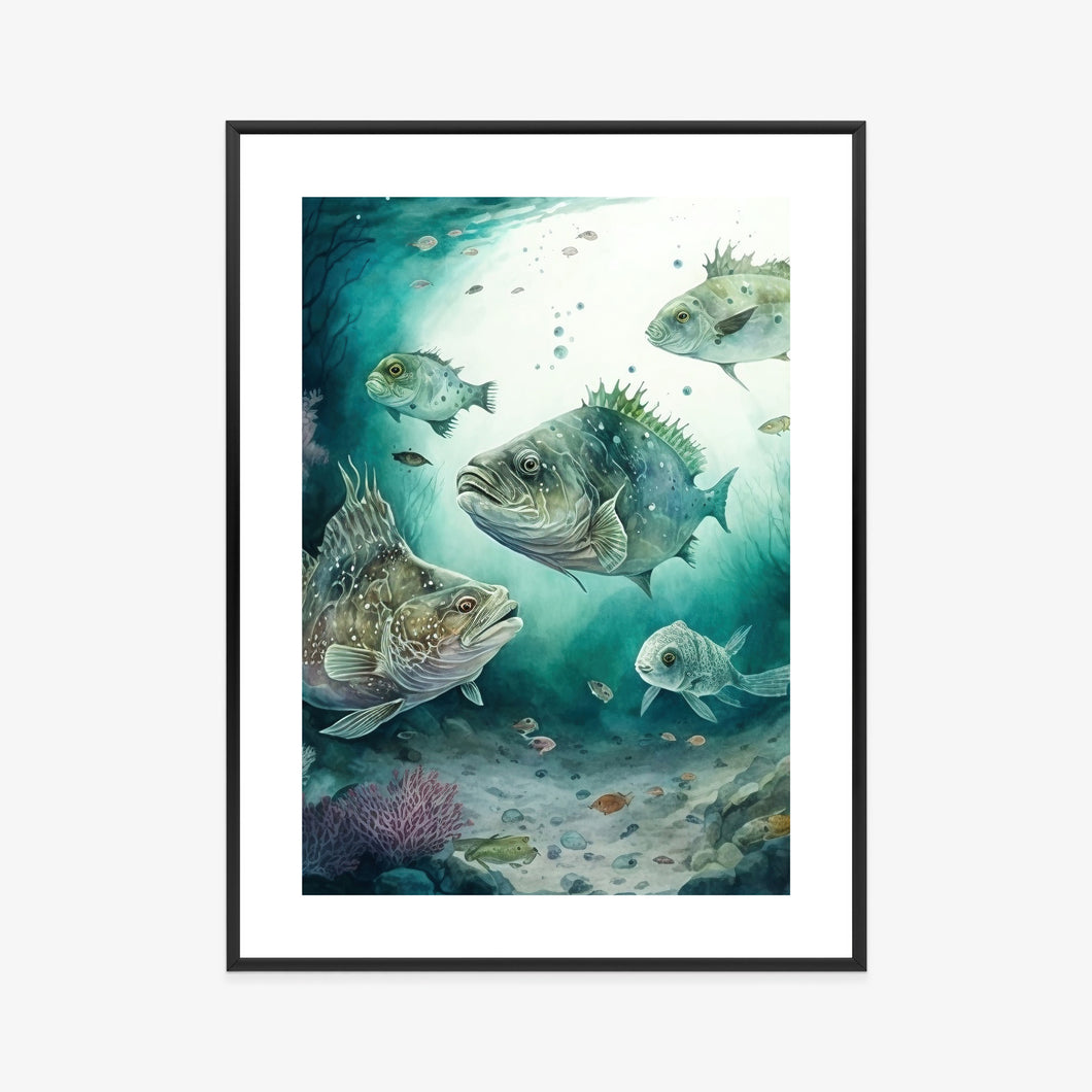 Poster Fischschwarm Im Meerestiefen-Aquarell Rahmen Hölzern Farbe Weiß