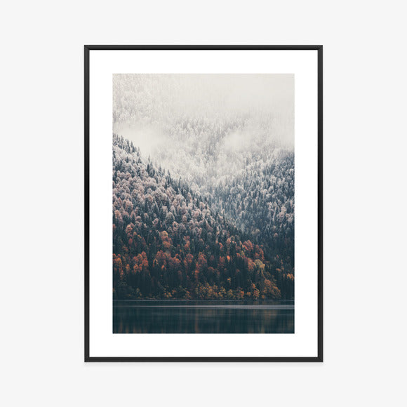 Poster Nebliger Herbstwald Am See Rahmen Holz Mit Passepartout Farbe Natürlich