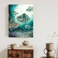 Lade das Bild in den Galerie-Viewer, Poster Fischschwarm Im Meerestiefen-Aquarell Rahmen Hölzern Farbe Weiß
