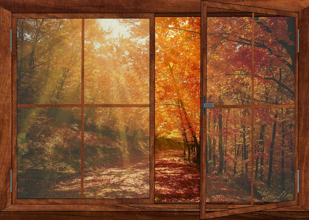 Wandbild Herbst Fototapete Poster Fensterblick Blätter bunt Stimmung FE165LI