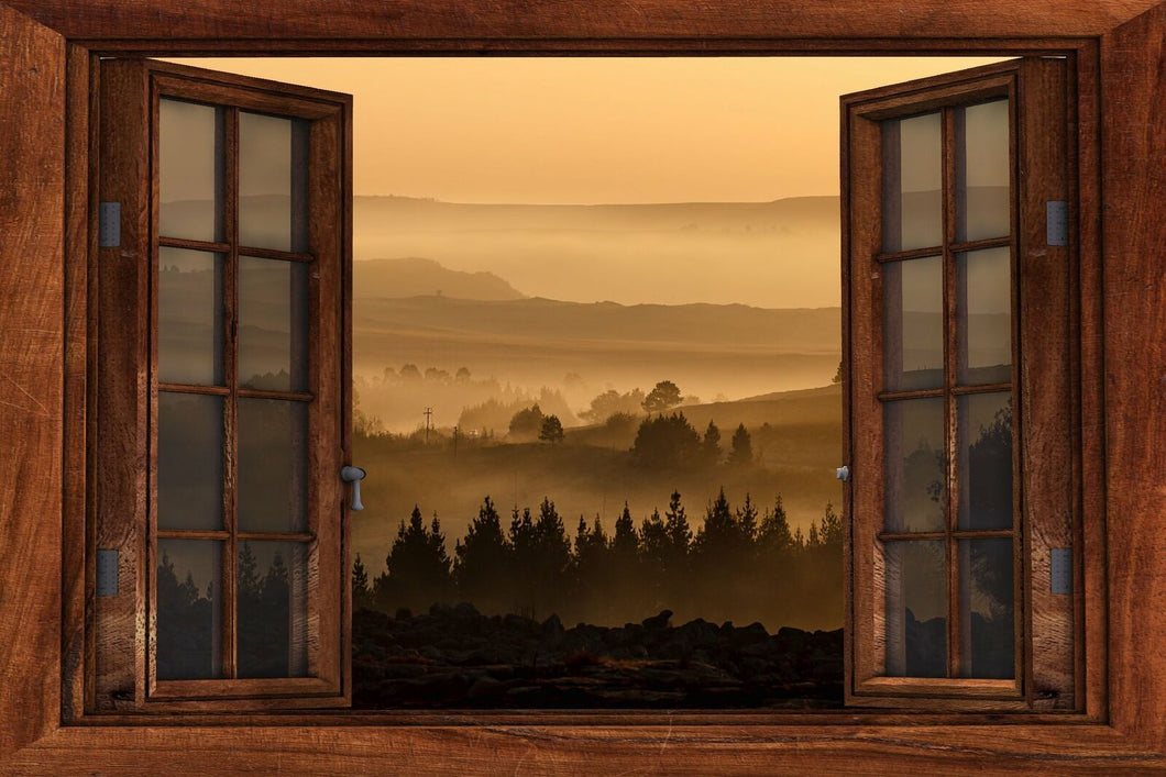 Wandbild Landschaft Fototapete Poster Fenster Blick Nebel Tal Natur FE114LI