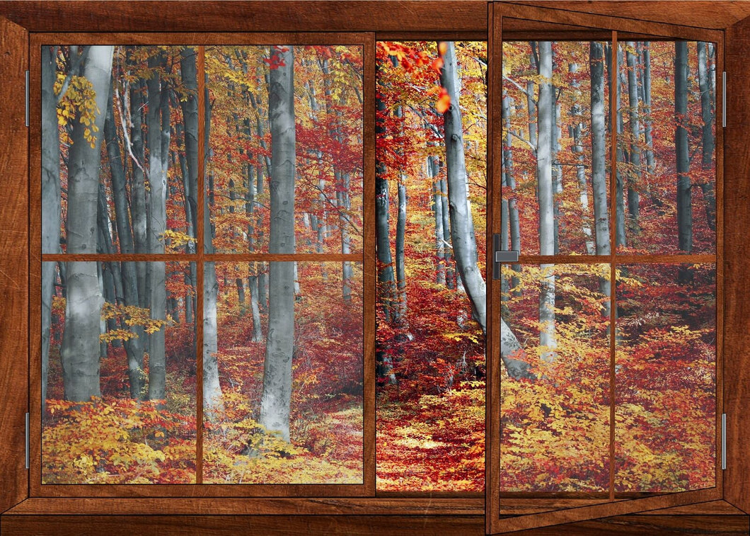 Wandbild Herbst Fototapete Poster Fensterblick Blätter bunt Stimmung FE163LI