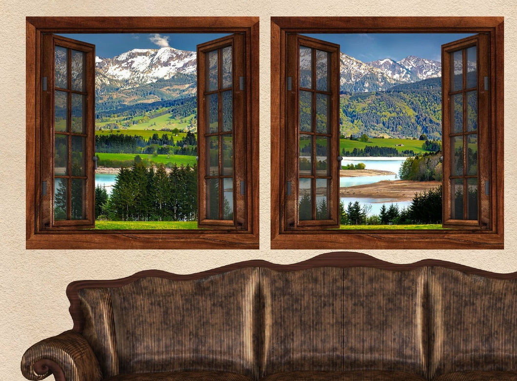 Wandbild Fototapete 2x Fensterblick Alpen Berge See FE5009