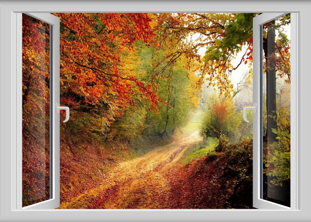 Wandbild Herbst Fototapete Poster Fensterblick Blätter bunt Stimmung FE171LI