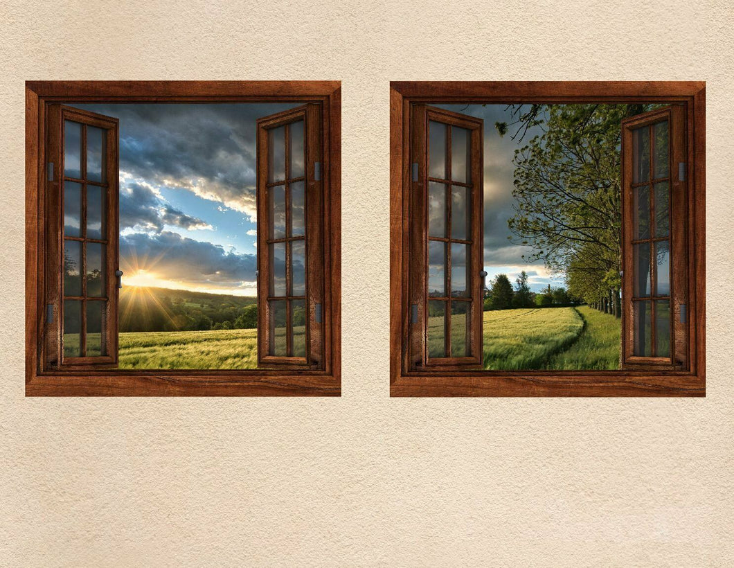 Wandbild Fototapete 2x Fensterblick Sonne Wiese Gras Wolken FE5008