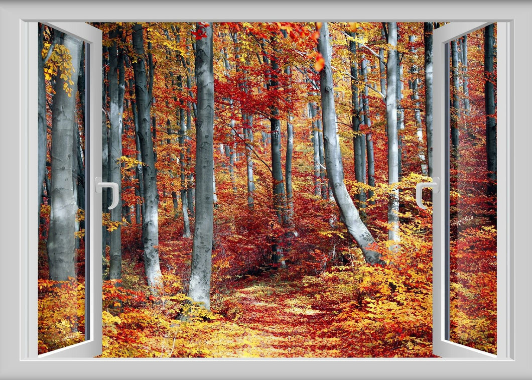 Wandbild Herbst Fototapete Poster Fensterblick Blätter bunt Stimmung FE173LI