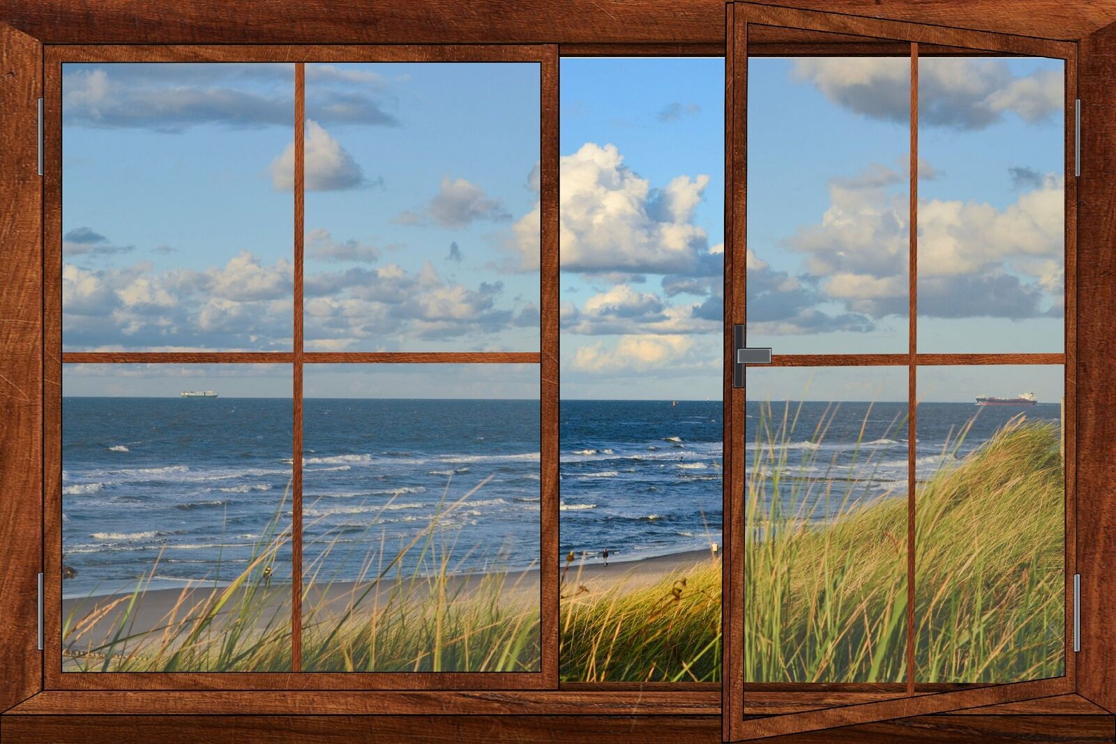 Wandbild Fensterblick Ostsee mit Leuchtturm mit Fensterrahmen