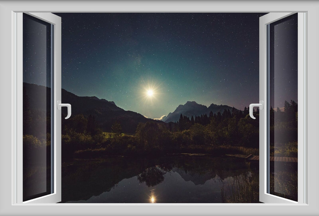 Wandbild Mond Fototapete Poster Fenster Blick Sterne Mond See Berge FE141LI